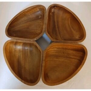 4 pc Vintage MCM Hand Carved Hardwood Snack Bowl‎ Serving Set Or Trinkets